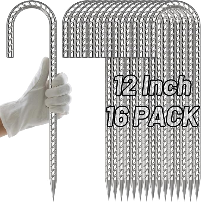 AAGUT Rebar Stakes 12 Inch J Hook Heavy Duty 16 Pack, 5/16 Inch Galvanized Metal Steel Ground Anchors Chain Link Fence Stakes for Camping Tent, Inflatables, Yard Decorations, Canopies & Swing Sets