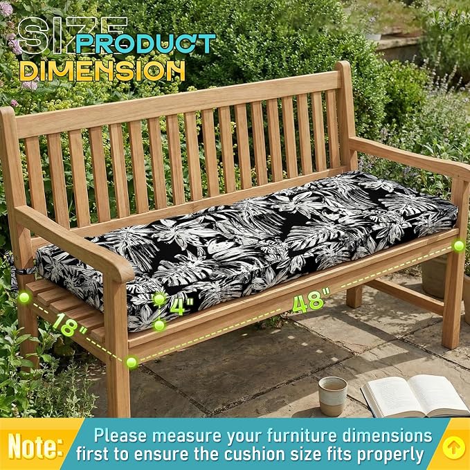 Outdoor Bench Cushion, Tufted Patio Seat Pad for Garden Bench, Porch Swing, Indoor/Outoor Furniture (Black White Leaf, 48X18X4 inch)