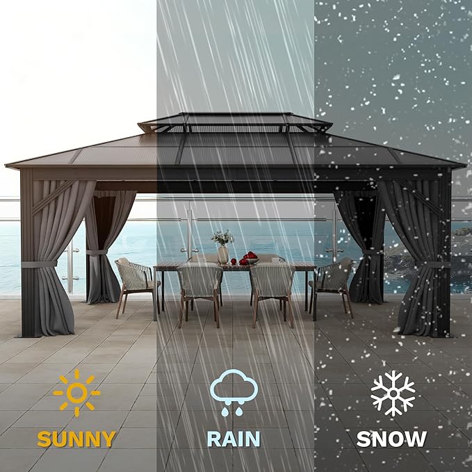 DWVO 12x16FT Outdoor Polycarbonate Gazebo, Double Roof Canopy with Metal Frame, Garden Tent with Netting and Shaded Curtains,Canopy for Patio, Backyard, Deck and Lawns, Gray