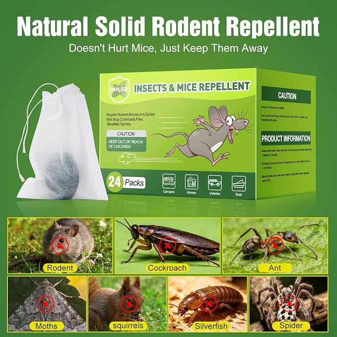 24 Packs Mouse Repellent Peppermint Oil Pest Control Repeller for Rodents Rats Spider Roach Ant Squirrel Indoor & Outdoor, Natural Mice Deterrent Pet & Family Safe Alternative to Traps & Poison
