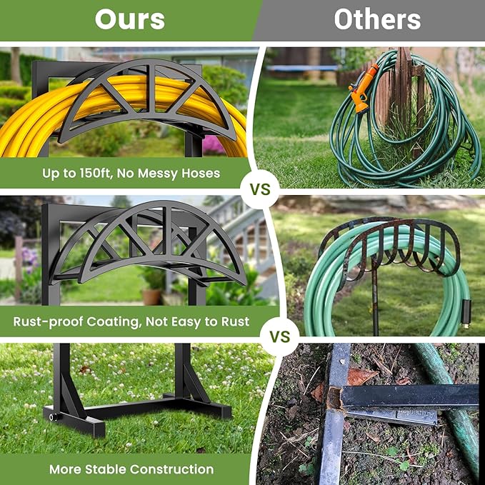 Pattiumo Garden Hose Holder Stand, Heavy Duty Freestanding Metal Hose Holder with 4 Spikes, Hose Reel Alternative Holds up to 150 ft for Yard Lawn Garden Patio