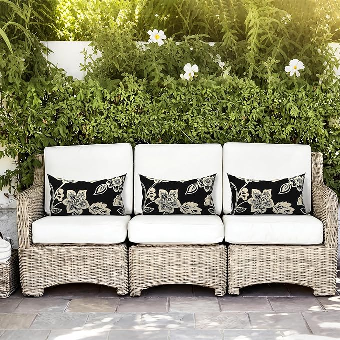 LVTLVTXIII 12×20 Inch Outdoor Lumbar Pillows, Pack of 2 Water Repellent Lumbar Pillow with Inserts, Fluffy Decorative Garden Lumbar Cushions for Home Patio Coach Sofa Use, Elegant Vines Black