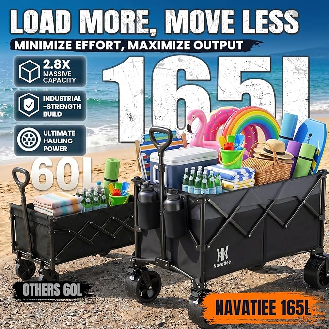 Navatiee 330Lbs Collapsible Folding Wagon, Beach Wagon Cart Heavy Duty Foldable with Big Wheels, Utility Grocery Wagon with 165L Large Capacity for Camping Garden Sports, Black