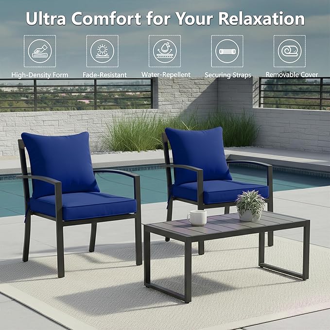 22x22 Inch Patio Chair Cushions Set of 2, Outdoor Furniture Cushions - Removable Cover, Water-Repellent, Fade-Resistant, Non-Slip Bottom & Straps, Replacement for Lawn, Porch & Deck Chair - Navy
