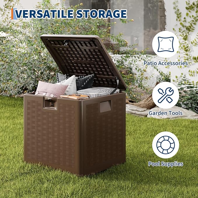 GarveeLife 28 Gallon Resin Deck Box, Weatherproof and UV Resistant Outdoor Storage Box, Lockable Outdoor Storage Bin for Patio Cushions, Garden Tools, Pool Supplies, Package Delivery, Brown