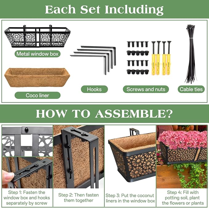 ZeeDix Railing Planter Boxes, 24 Inch Window Flower Box Planters with Coco Liner & Adjustable Brackets for Deck Porch Fence Patio Balcony Gardening Outdoor Plants (2 Pack)