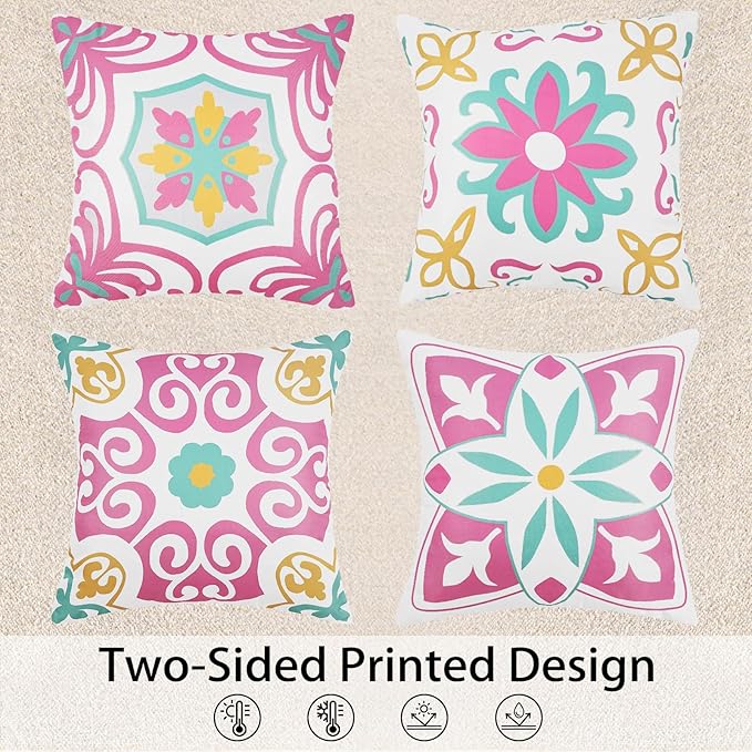 Pyonic Spring Summer Outdoor Pillows Waterproof Throw Pillow Covers Set of 4 Pink Green Floral Printed and Boho Farmhouse Outdoor Pillow Covers for Patio Funiture Garden 18x18 Inch