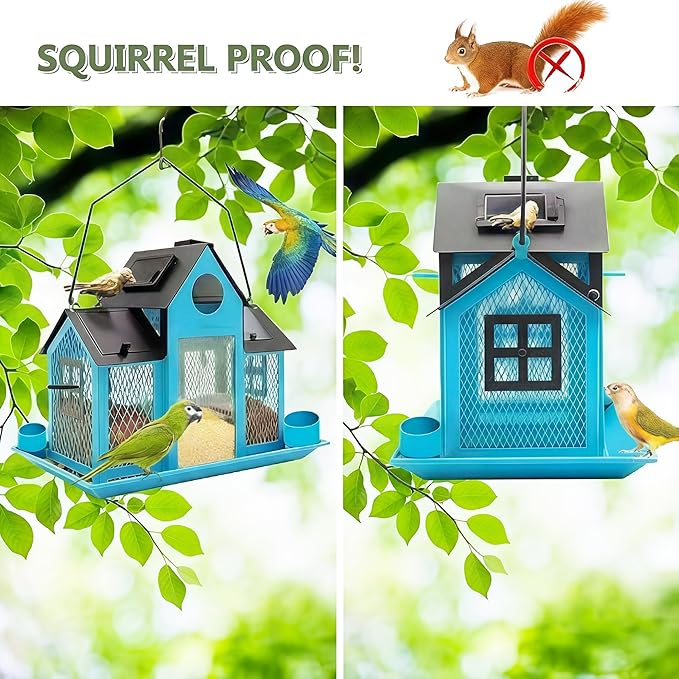 Solar Bird Feeders House for Outside Hanging, Metal Wild Bird Feeder for Outdoors Large Capacity Cardinal Birdfeeder Birdhouses Metal Bird Feeding Station Blue