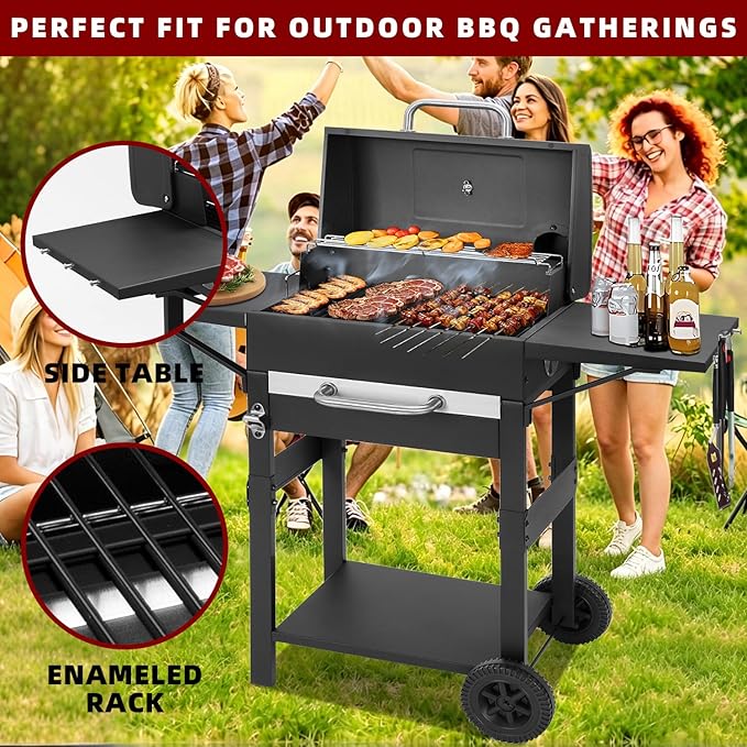 Charcoal Grills Outdoor BBQ Grill with 2 Side Table,Barbecue Grill Smoker with 343 Sq.in.Cooking Area for Outdoor Cooking Backyard Camping Picnics Beach by DNKMOR