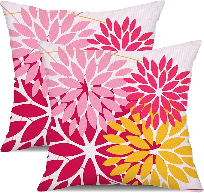DFXSZ Outdoor Pillow Covers 16x16 Inch Set of 2 Pink Yellow Flower Decorative Waterproof Summer Outdoor Pillow Covers Valentines Pillow Covers for Patio Funiture Garden Couch 168J16