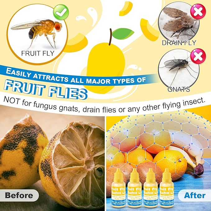 Qualirey Fruit Fly Trap for Indoor and Kitchen Use, 0.68 oz Each Bottle Fruit Fly Trap Refill Liquid, Ready to Use, Safe Near Food, Efficient Lure Refill Liquid, Yellow(16 Pack)
