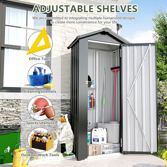 KEIKI Outdoor Metal Storage Shed 2.5' x 1.4', Lockable Tool Cabinet with Sloping Roof, Small Vertical Garden Storage for Backyard, Patio, Lawn, Black