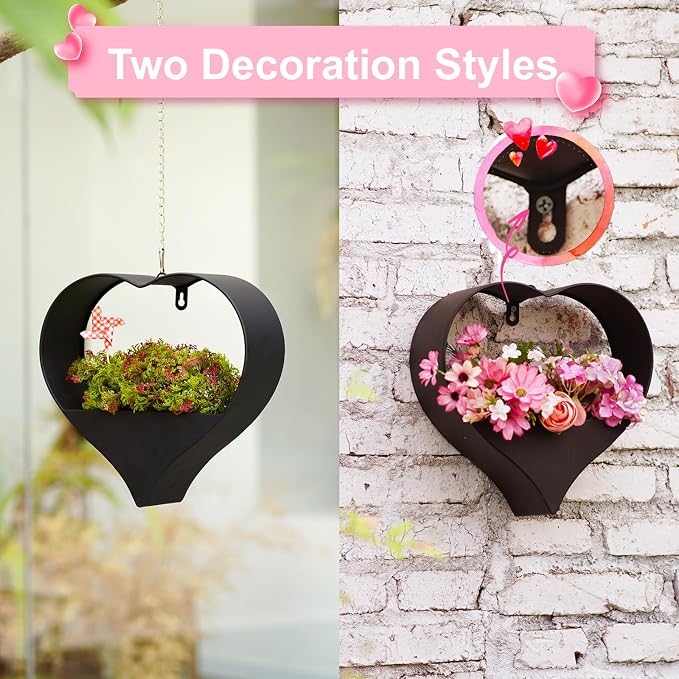 Metal Plant Hangers Indoor and Outdoor: Birthday Gifts for Mom Women Her Wife Garden Lovers - Heart Shape Hanging Planters for Window Wall Living Room Office Decor(Black)