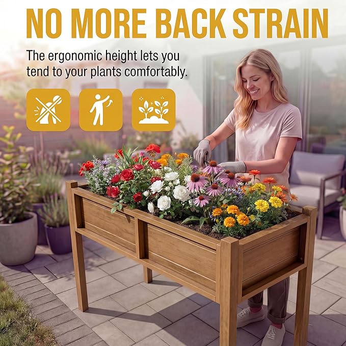 DWVO Raised Planter Box with Legs Raised Garden Bed HDPE Poly Wood Weather-Resistant Elevated Garden Bed with Drainage System Planter Boxes Outdoor for Herbs Vegetables Flowers, Teak