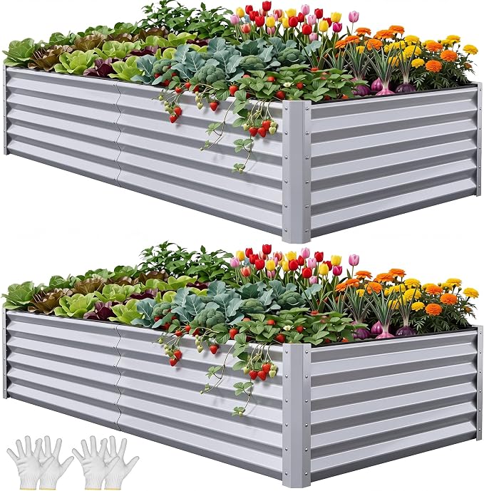 YITAHOME 8x4x1.5ft 2pcs Large Raised Garden Bed Kit, Galvanized Metal Planter Box with Gloves, Outdoor Above Ground Planters for Plants Vegetables Flowers, Silver Gray