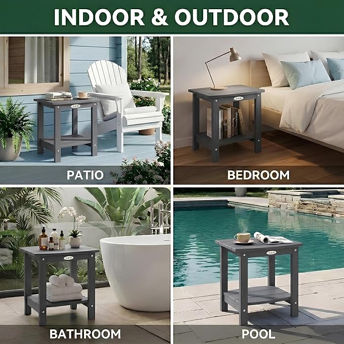 Y&M Outdoor Side Table, HIPS Adirondack Small Double Layer Table, Waterproof Square Balcony Modern End Tables for Patio, Pool, Beach, Porch, Deck, Indoor or Outdoor Use, Dark Gray