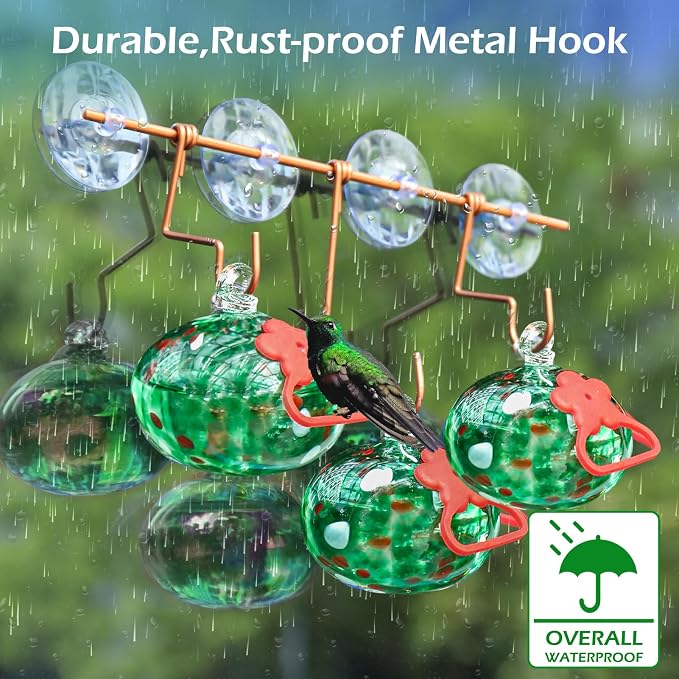 Pozfun Window Hummingbird Feeder with Suction Cups,Hand-Blown Glass Hummingbird Feeders for Outdoors Window Mounted with Metal Hook,Close Bird Watching,Finch in Garden,Yard(Green)