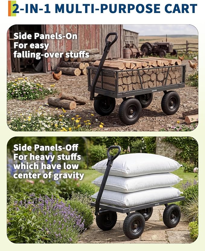 Garvee Versatile Outdoor Utility Cart - 1200LBS Heavy-Duty, 13" All-Terrain Pneumatic Tires,Vehicle-Connectable, Easy Maneuverable Lawn Cart with Removable Mesh Panels for Gardening & Landscaping,Grey