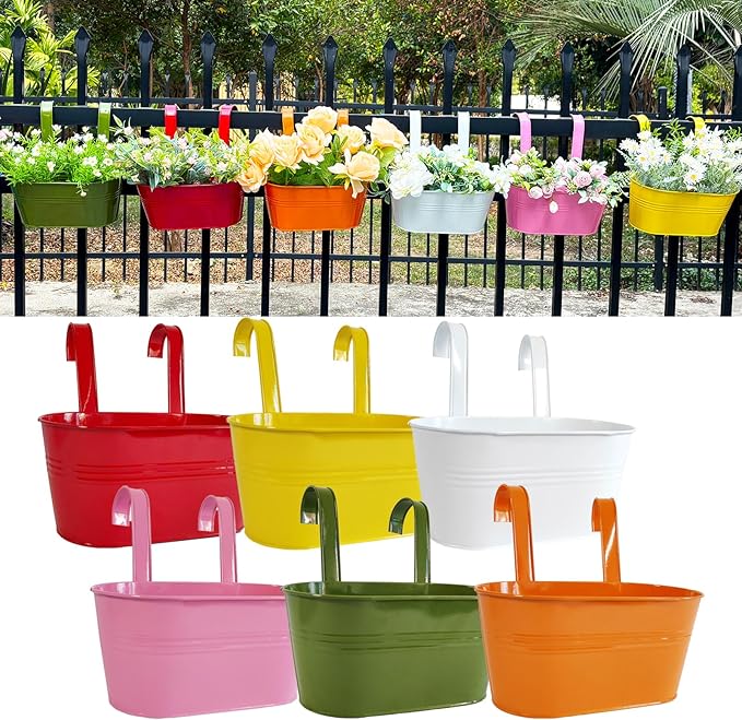 12" Balcony Railing Planters, Outdoor Hanging Planter for Fence, Stylish Metal Porch Deck Flower Pot for Herbs & Succulents (11.8", Pack of 6)