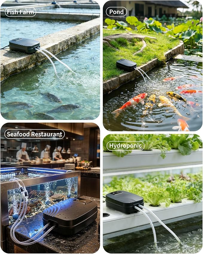 POPOSOAP 7.5W Aquarium Air Pump with Built-in 5000mAh Backup Battery, Dual Outlet Ultra Quiet Fish Tank Air Pump, 3 Modes Electric Pond Aerator for Aquarium, Pond, Hydroponics Up to 100 Gallons P8075