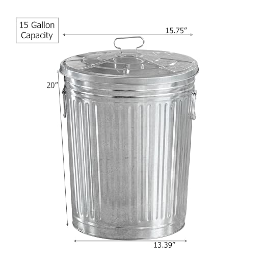 Gardenised Round Galvanized Steel 15 Gallon Trash Can with Lid and Handles Durable Metal Storage Bucket for Backyard Lawn Garden and Yard Use Weather-Resistant Garbage Can for Indoor and Outdoor