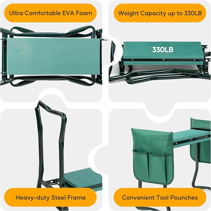 Simple Deluxe Garden Kneeler and Seat, Foldable Kneeling Stool with Thicker EVA Foam Pad, Heavy Duty Bench with Tool Pouch, Gifts for Outdoor Gardening, Fishing, Green, Arbor Day Gift