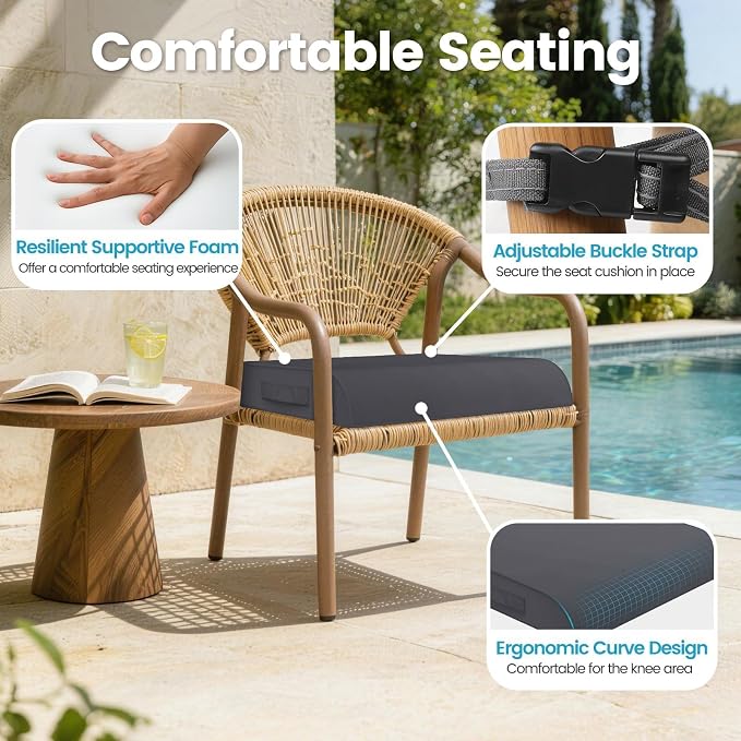 TasticTotes 22 x 22 x 3 Inch Patio Chair Cushions - Set of 2, Waterproof Outdoor Seat Cushions with Adjustable Straps and Handles, Fade-Resistant Dinning Pads for Outdoor Furniture, Garden, Bay, Grey