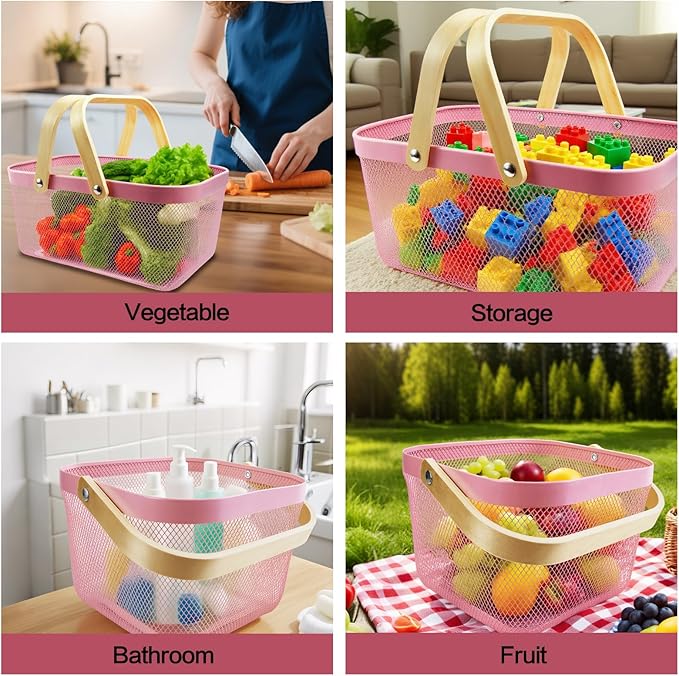 Cheardia 2 Pack Picnic Baskets, Metal Mesh Harvest Basket with Foldable Wooden Handle, Rectangle Garden Storage Basket Bin for Vegetable Fruit Garden Kitchen Cabinet Picking Gathering, Pink