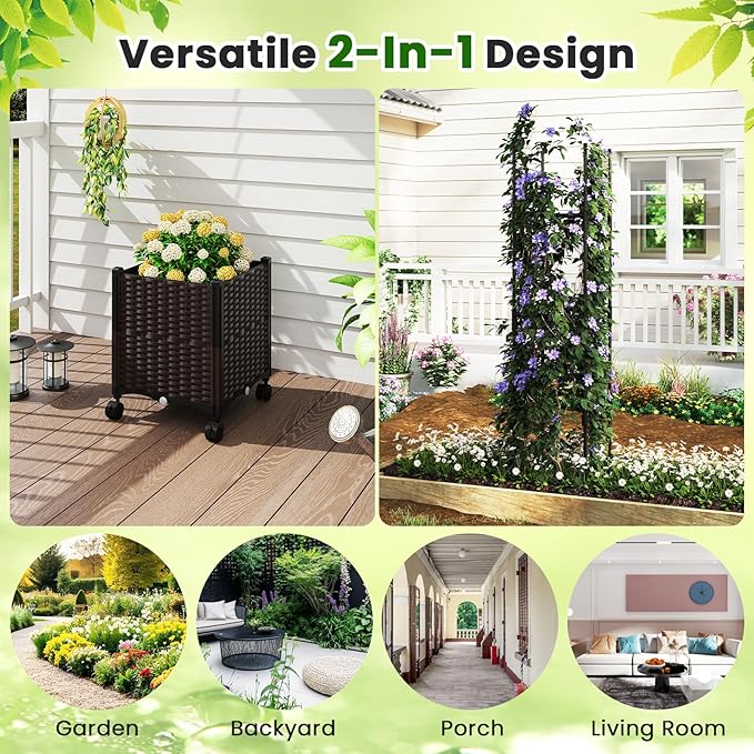 HAPPYGRILL 87" Raised Garden Bed w/Trellis, Self-Watering Planter Box w/ 3 Adjustable Heights, Lockable Wheels for Climbing Plants Flowers Vine, Indoor Outdoor Vertical Tomato Cage for Garden (2)