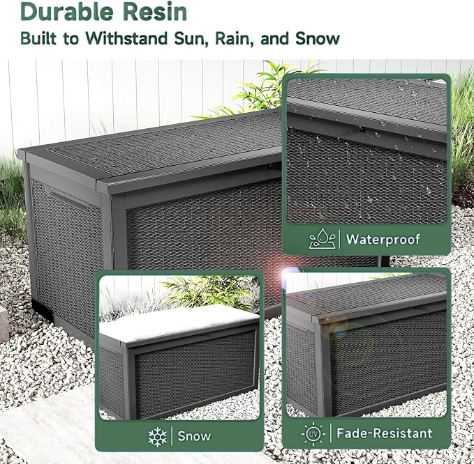 260 Gallon Deck Box, Waterproof Resin Outdoor Storage Box Lockable for Patio Furniture, Fade Resistant Patio Side Table & Organizer for Garden Tools, Pool Floats, Outdoor Cushions, Black