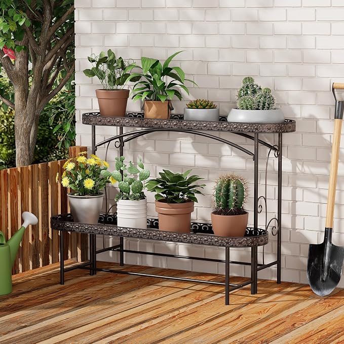 Plant Stand Outdoor Indoor 2 Tier Metal Pland Stand, Detachable Heavy Duty Tall Plant Shelf Rack Flower Pot Holder for Patio Garden Balcony Living Room, Distressed Vintage Black
