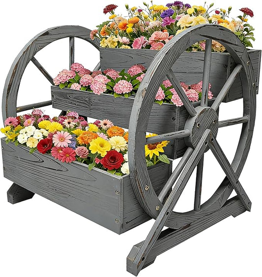 3 Tier Large Wooden Wagon Planter Box|Outdoor Planter/Flower Pot for Indoor&Outdoor Plants-Rustic Garden Planter for Patio,Porch&Garden Decor-Raised Garden Bed for Succulents,Herbs,Vegetables
