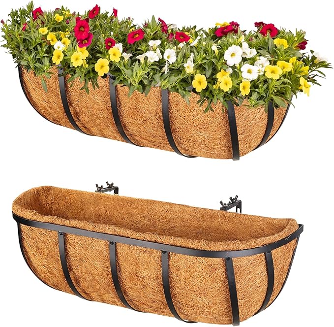 Legigo 2 Pack 16 Inch Window Box Deck Railing Planter with Coconut Liner, Balcony Rail Planters Horse Trough Window Planter Boxes, Metal Railing Hanging Flower Baskets for Outdoor Porch Fence Patio
