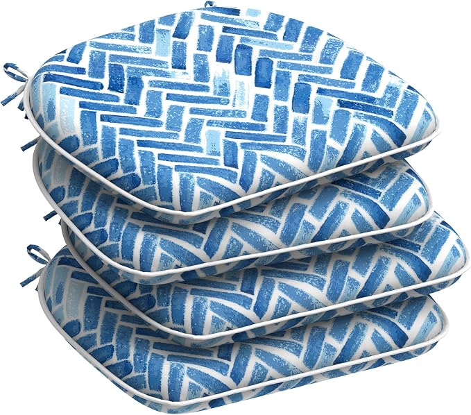 DYTXIII Set of 4 Outdoor Chair Cushions with Ties,Water Repellent Patio Chair Pads 17"x 16" for Outdoor Furniture,Round Corner Seat Cushions for Garden Yard Kitchen Blue Bricks