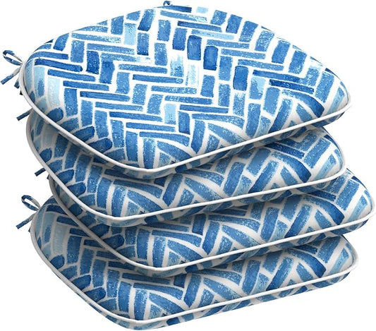 DYTXIII Set of 4 Outdoor Chair Cushions with Ties,Water Repellent Patio Chair Pads 17"x 16" for Outdoor Furniture,Round Corner Seat Cushions for Garden Yard Kitchen Blue Bricks