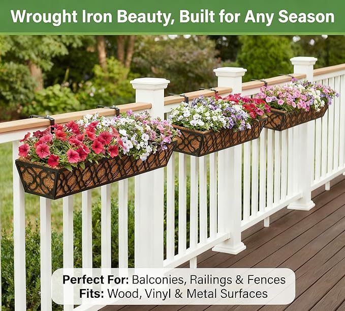 Y&M 36'' Deck Railing Planter Set with Coco Coir Liner, Large 2 Pcs Metal Deck Railing Planter Window Boxes for Outdoor Balcony, Porch, Patio, and Fence Rail