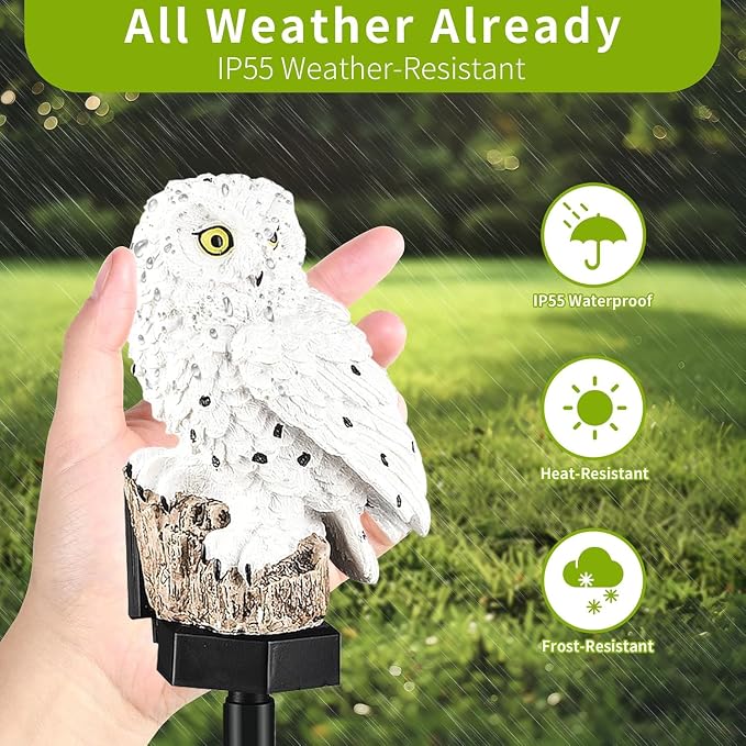 Owl Figure Solar LED Lights, Resin Garden Waterproof owl Figurine with Stake for Outdoor Yard Pathway. (White)