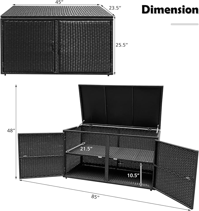 Tangkula Outdoor Wicker Storage Box, Garden Deck Bin with Steel Frame, Rattan Storage Box with Lid, Ideal for Storing Tools, Accessories, 88 Gallon Capacity (Black)