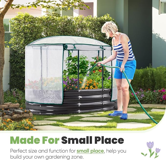 KING BIRD Raised Garden Bed with Cover Galvanized Oval Planter Garden Box Outdoor for Gardening, Vegetables, Flowers 4x3x1 Ft, White, GB-22W