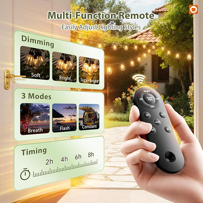 addlon 52(48+6) FT Solar String Lights Waterproof,Patio Lights Solar Powered with Remote & USB Port 16+1 LED Shatterproof Bulbs 3 Light Modes, Dimmable Solar Light for Camping Backyard Garden