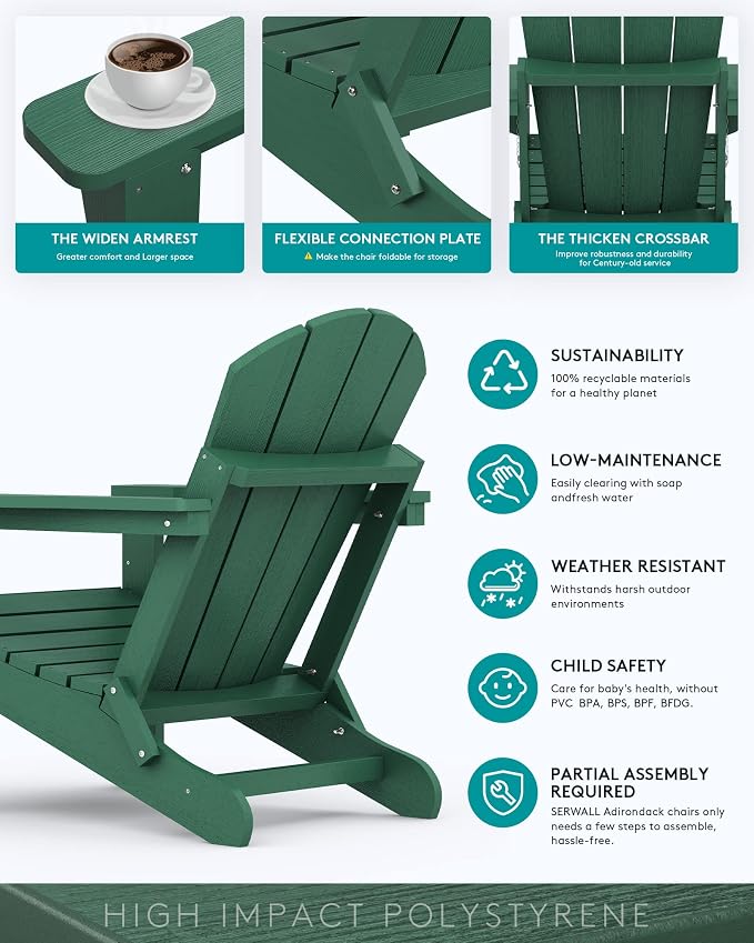 SERWALL Folding Adirondack Chair Outdoor Adirondack Chairs with Cup Holder Weather Resistant Patio Chair Weather Resistant for Patio Deck Garden, Backyard Deck, Fire Pit - Green