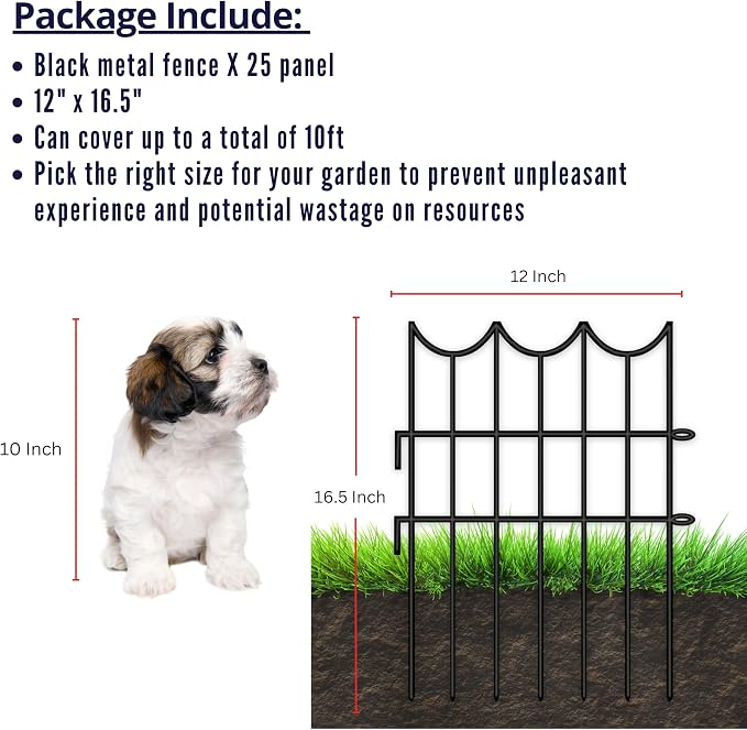 ShopLaLa Decorative Fences (25 Panels) 12in(L) x 16.5in(H) Rustproof Black Metal Wire Fencing Animal Barrier for Small Dogs, Flower Bed Edging for Landscape Patio Outdoor Decor Gates and Fence Border