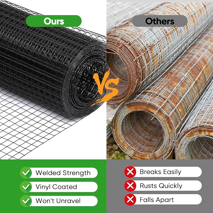 Black Hardware Cloth 24in x 50ft – 19 Gauge Vinyl Coated Steel Wire Mesh Roll, 1" Square Welded Fence for Chicken Coop, Garden Barrier, Animal Control, Outdoor Pet Enclosure, Rodent Proofing