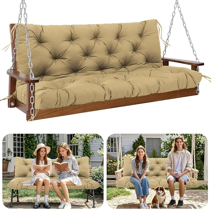 Premium 5" Thick Waterproof Porch Swing Cushions Sturdy Durable 2 Seat Replacement Outdoor Swing Cushions with Backrest&Ties Bench Cushion for Outdoor Furniture Backyard Patio Garden