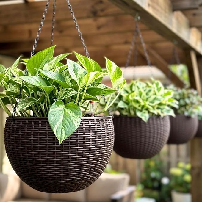 LaLaGreen Hanging Planters for Indoor Plants (11 Inch, 3 Pack) Brown Rattan Style Self-Watering Flower Pots with Water Level Indicator, Plastic Baskets with Metal Chain for Balcony, Porch Garden Decor
