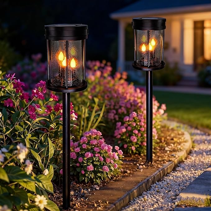 Outdoor Garden Solar Stake Lights Flickering Candle Lantern Lighting for Yard, Lawn, Patio, Pathway, Wall Decoration (2Pack, Black)
