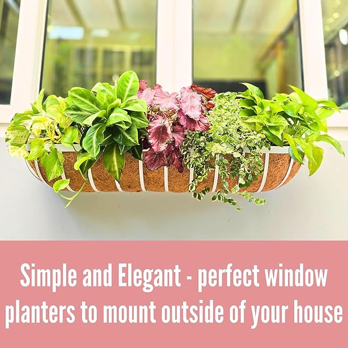 LaLaGreen Outdoor Planter Boxes (36 Inch, 2 Pack) White Metal Deck Railings Flower Box with Coco Liner, Rectangular Wall Planters for Window Plants Horse Troughs Fence Balcony Modern Herb Patio Porch