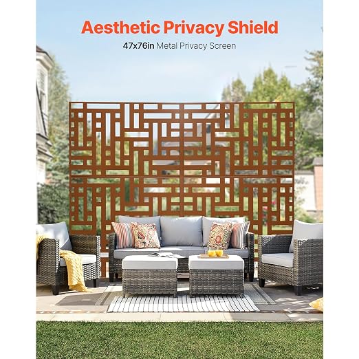 VEVOR Metal Privacy Screen, 47" W x 76" H, Outdoor Privacy Screens 3-Panel, Freestanding Outdoor Divider with Stand, Decorative Garden Steel Privacy Fence for Balcony Patio Indoor Room Hot Tub Brown