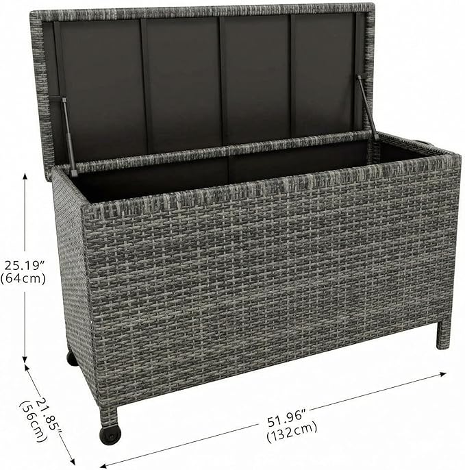 125 Gallon Outdoor Storage Box with Wheels - Large Wicker Rattan Deck Box for Patio Cushions, Garden Tools, Pool Floats & Pillows, All-Weather Patio Furniture Storage, Gary