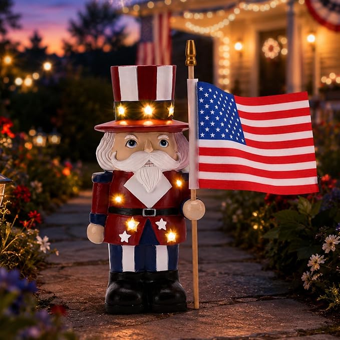 Nacome Solar Nutcracker Soldier Garden Statue: American Flag Figurine for Patriotic Outdoor Lawn Porch Patio Yard Decorations - Gifts for Mom Grandma Women